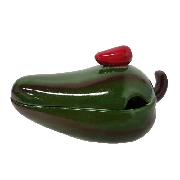 Vintage Mexican Pottery Green Jalapeno Pepper Salsa Dish Ceramic Covered - Picture 1 of 11